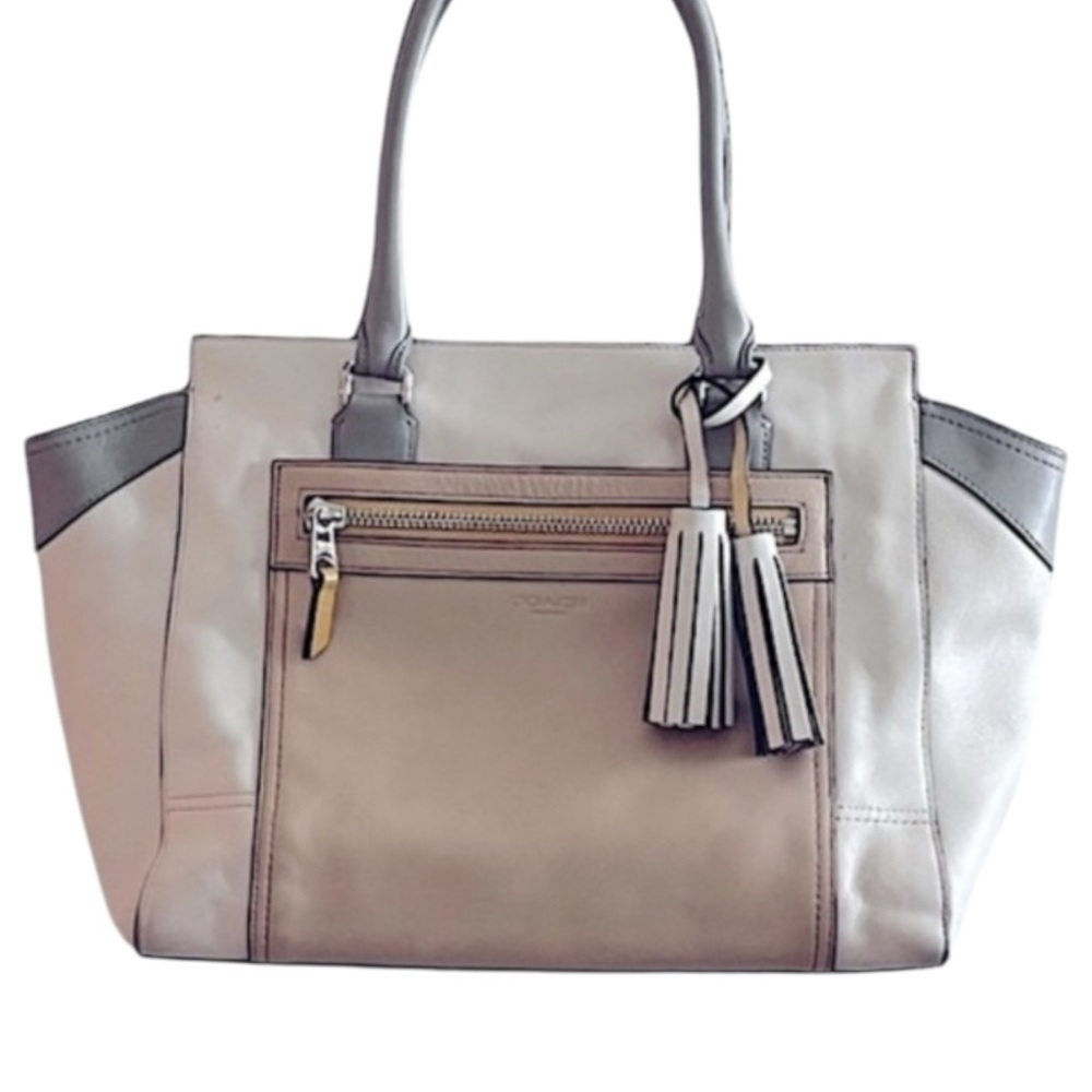 Coach Two-Tone Beige and Light Gray Leather Shoulder Tote with Tassels- Candace